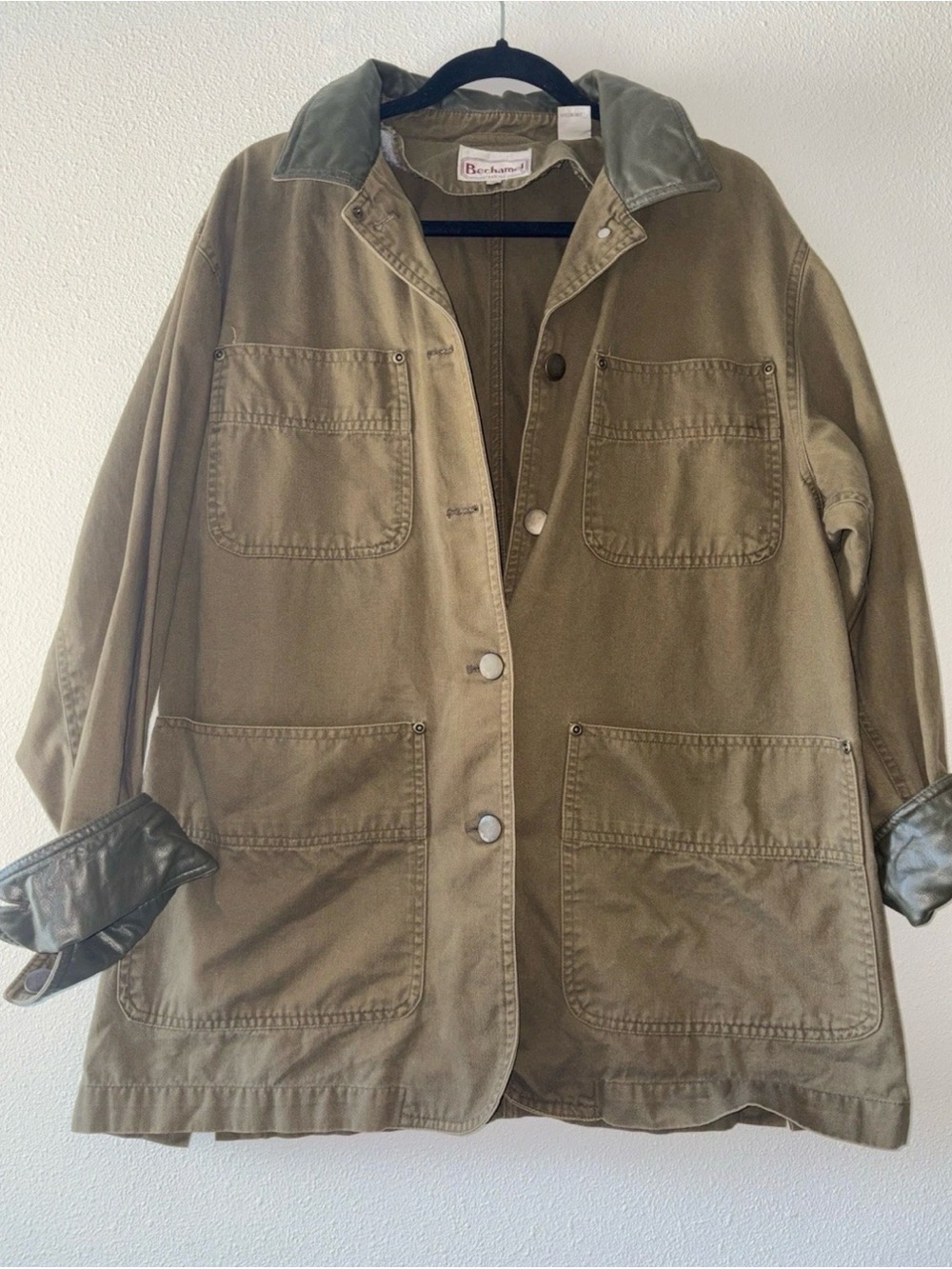 Vintage Bechamel Casual Barn Jacket Women’s S Olive Green Chore Leather Trim